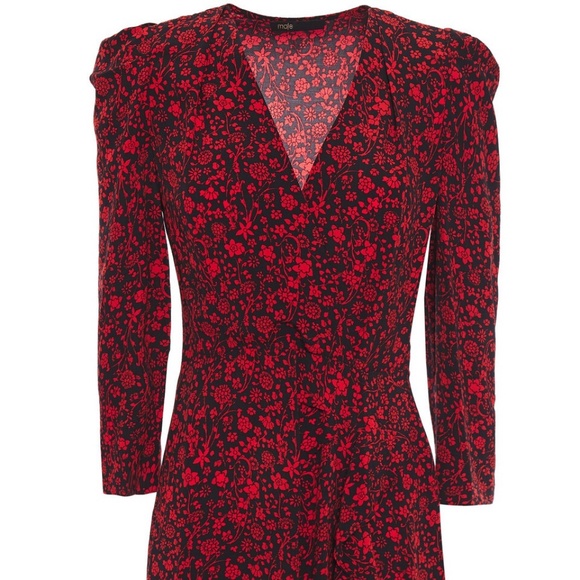 Maje Rapita Wrap Effect Floral Print Crepe Mini Dress in Red EU 34 (US XS) - Picture 2 of 9